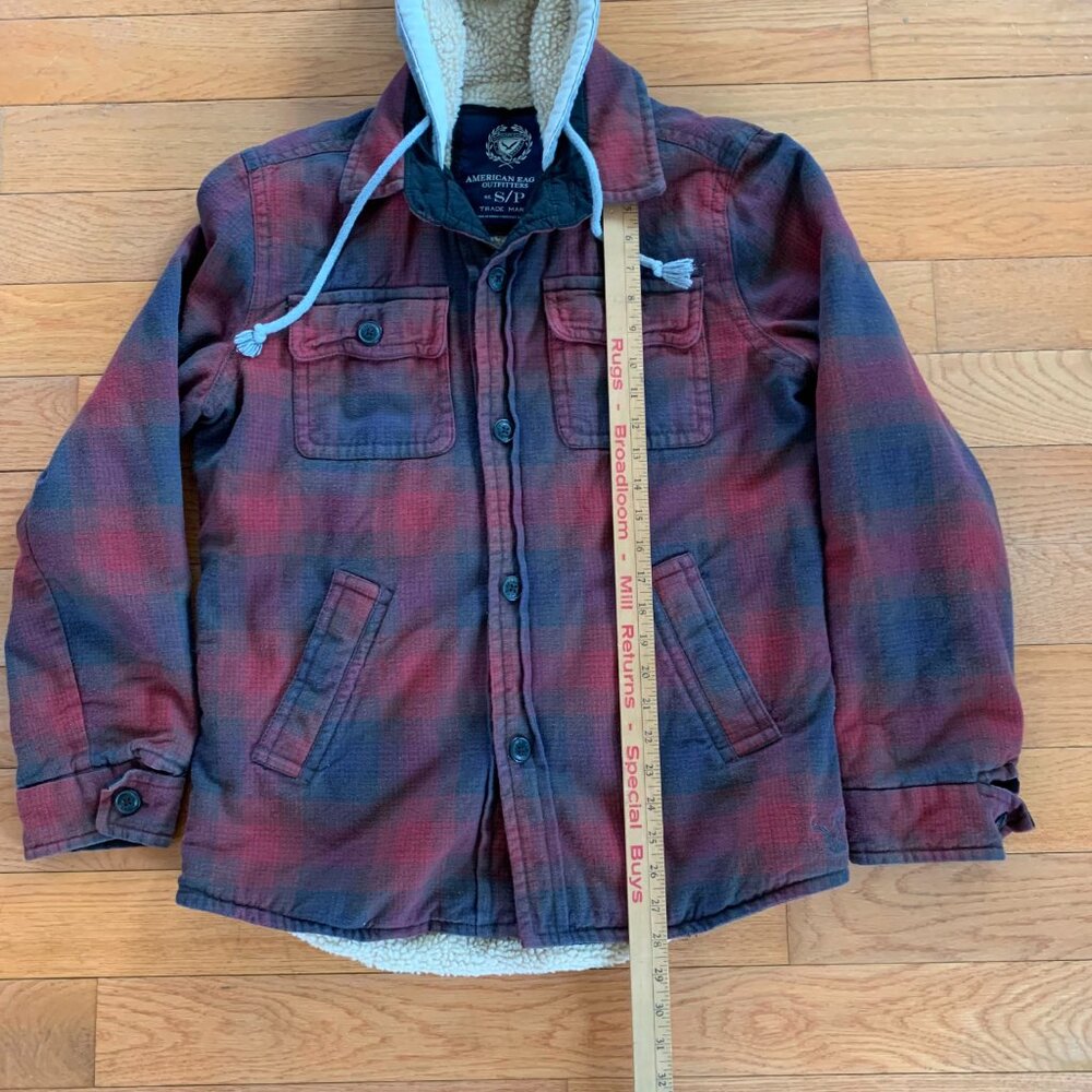American‎ Eagle Mens S Plaid Sherpa Lined Full Button Jacket Hooded Y2K - Picture 6 of 8